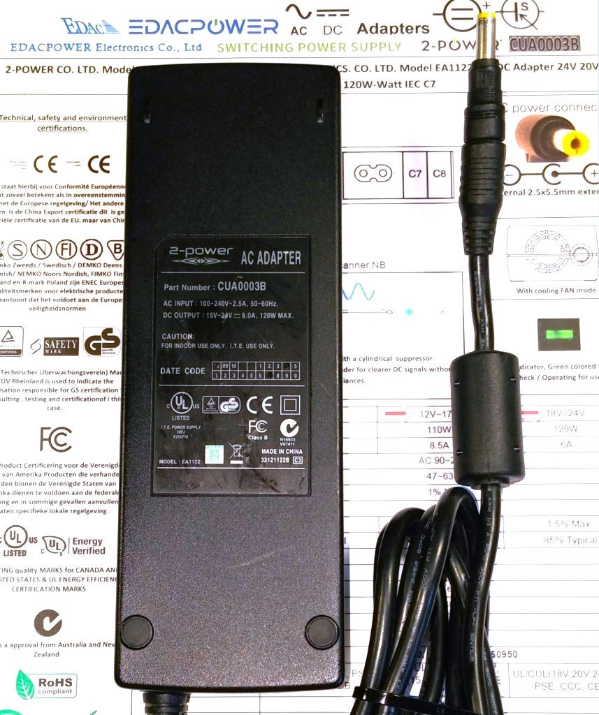 2-Power EDAC EA1122 19.5V 8A 20V 6A 24V 120W Adapter 2.5x5.5
