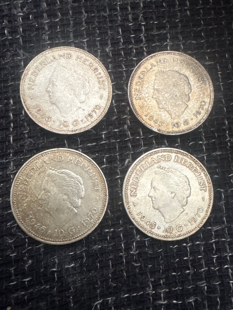 4x Zilveren 10 Gulden "Nederland Herrijst" – 1945-1970, Koningin Juliana, Zilver, Ophalen of Verzenden, Losse munt