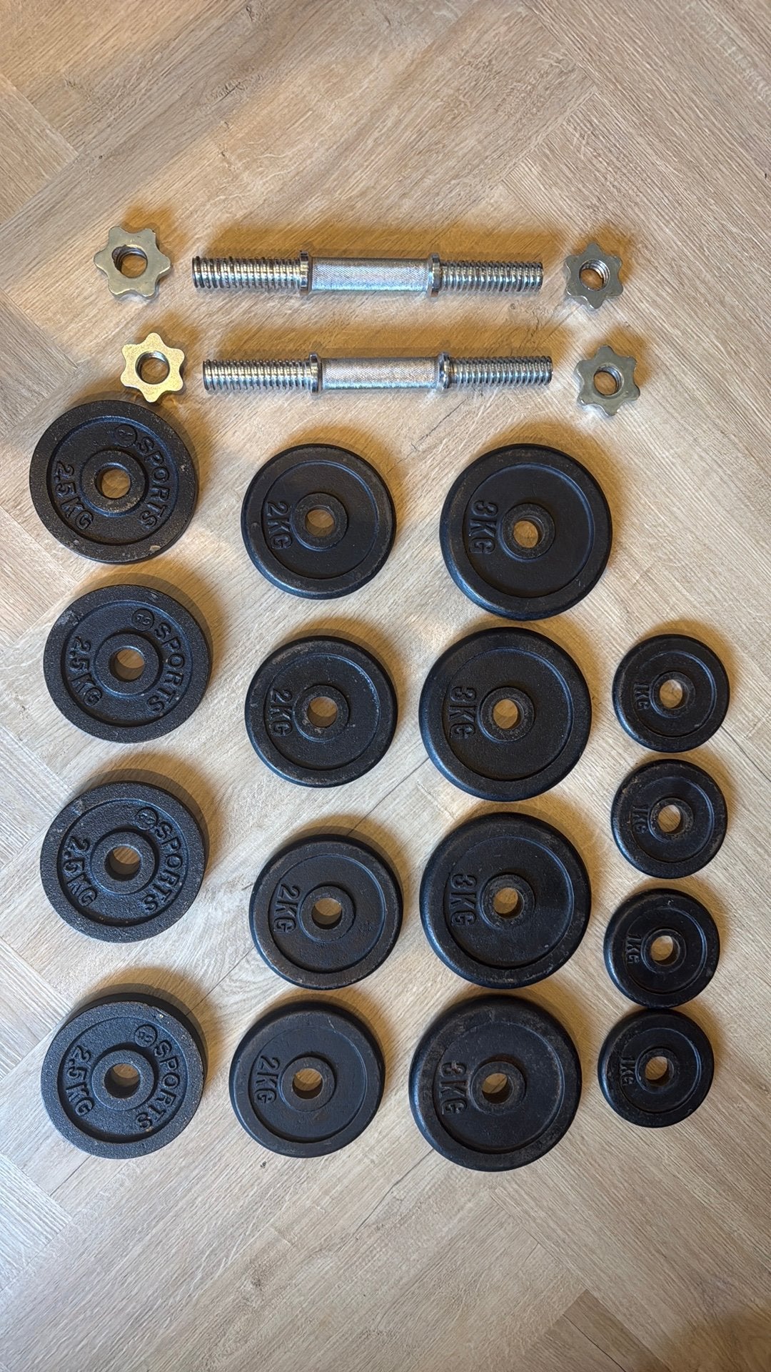 34 kg gietijzeren dumbbell set met 2 stangen, Ophalen, Gebruikt, Dumbbell