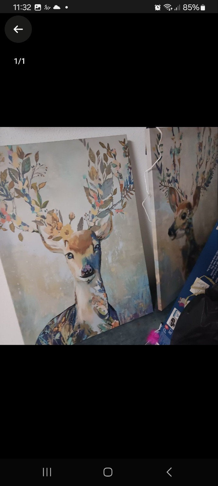 Set van 2 schilderijen: Herten met bloemen en bladeren, Op houten frame, Ophalen of Verzenden, Dieren, Print