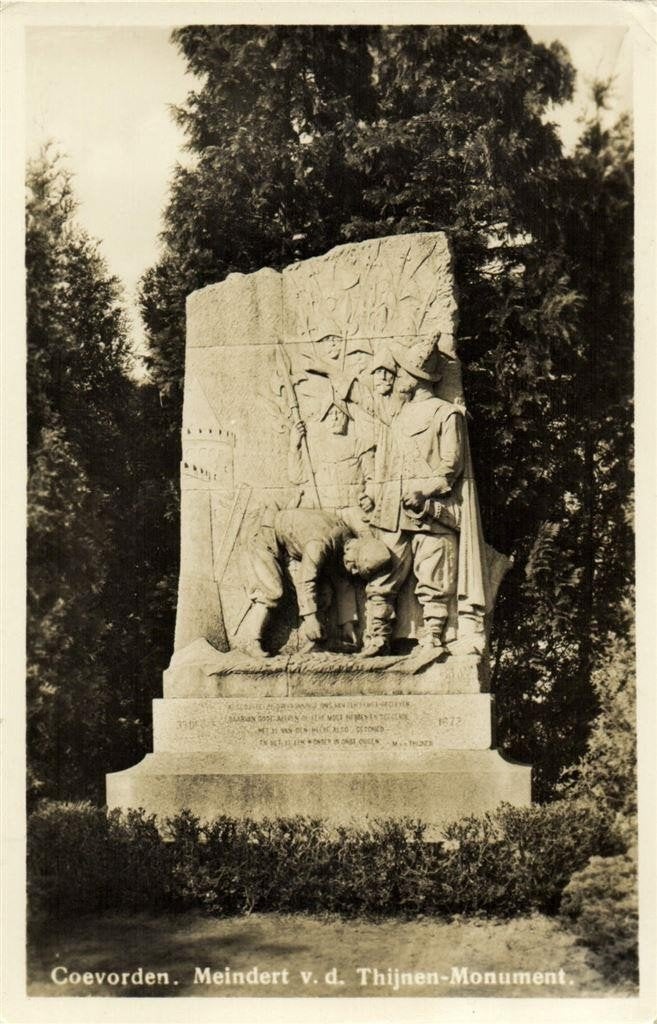 Coevorden. Meindert v.d. Thijnen-Monument. - 1951 gelopen, Verzamelen, Ophalen of Verzenden, 1940 tot 1960, Gelopen, Drenthe