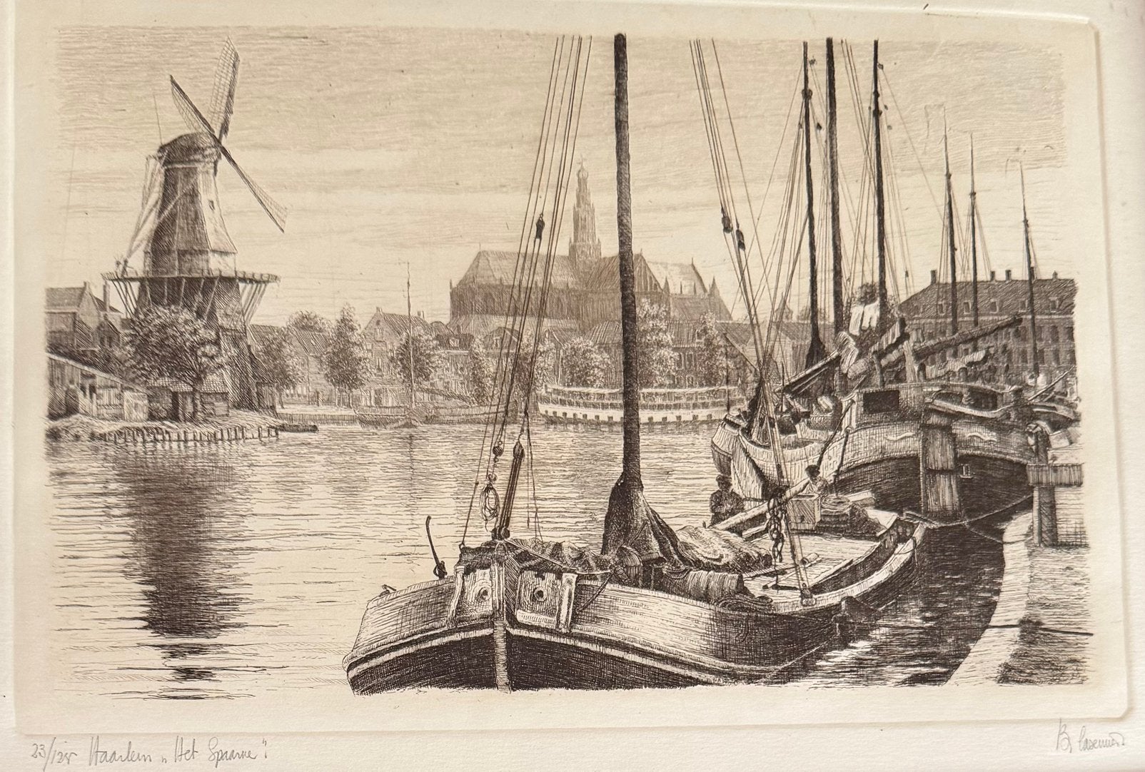 Haarlem - het Spaarne, Antiek en Kunst, Stadsgezicht, Ingelijst, Ophalen of Verzenden, 24 cm