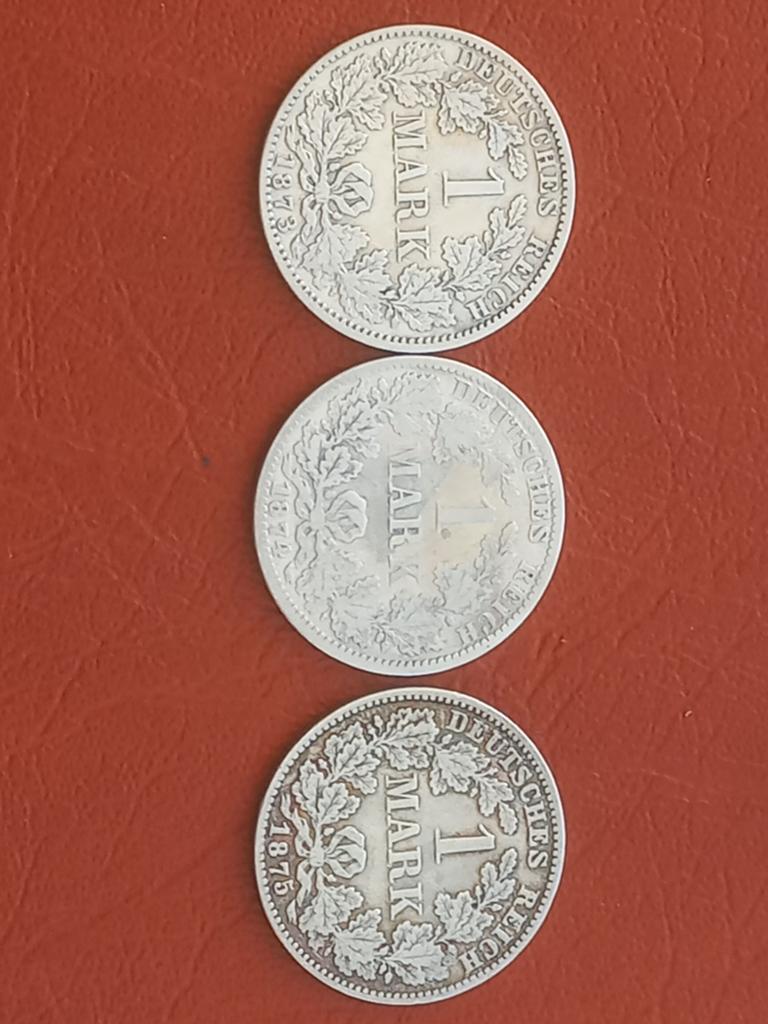 Dld 1 mark 1873A,74A,75D zilver, Ophalen of Verzenden, Duitsland, Zilver