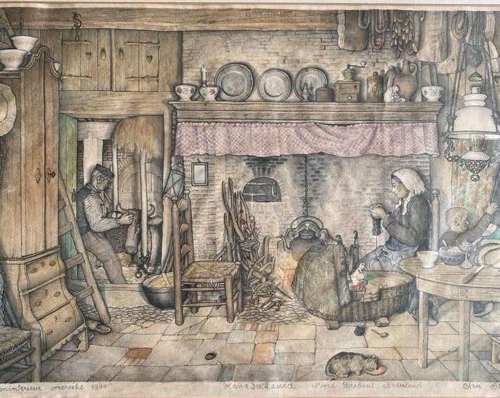 Jan Strube kleurde zijn prent zelf in op verzoek vd kopers, Antiek en Kunst, Ophalen, Realistisch, Handgeschilderd, Print