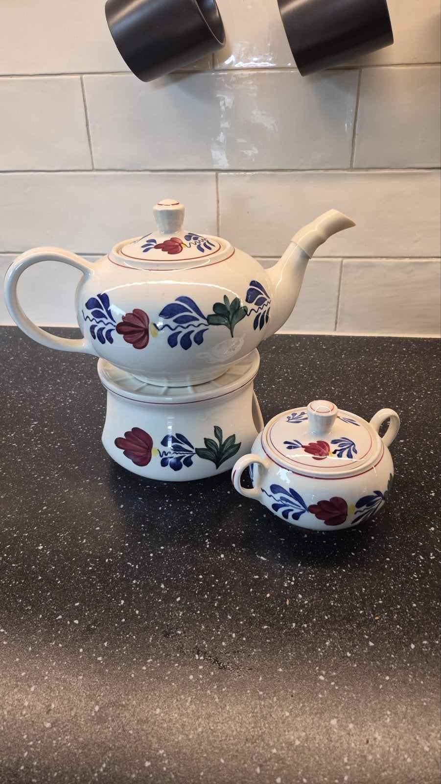 Boerenbont theepot met theelicht en suikerpot, Huis en Inrichting, Ophalen, Overige merken, Keramiek, Landelijk/Boerenbont