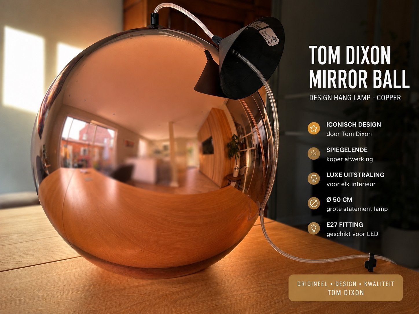 Tom Dixon Mirror Ball Design Hanglamp - Koper (50 cm), Ophalen, Zo goed als nieuw, Metaal, E27 (groot)