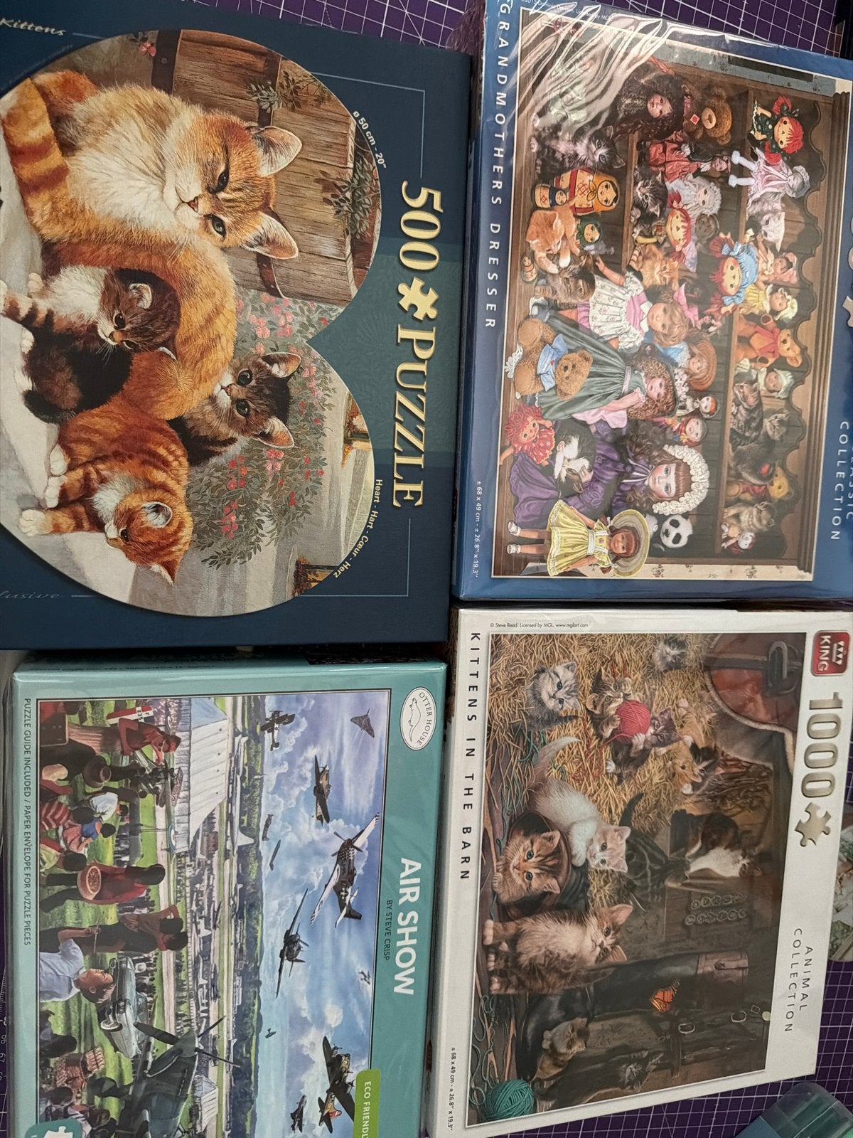 4 Legpuzzels: Katten, Poppen & Vliegtuigen, Ophalen of Verzenden, 500 t/m 1500 stukjes, Zo goed als nieuw, Legpuzzel