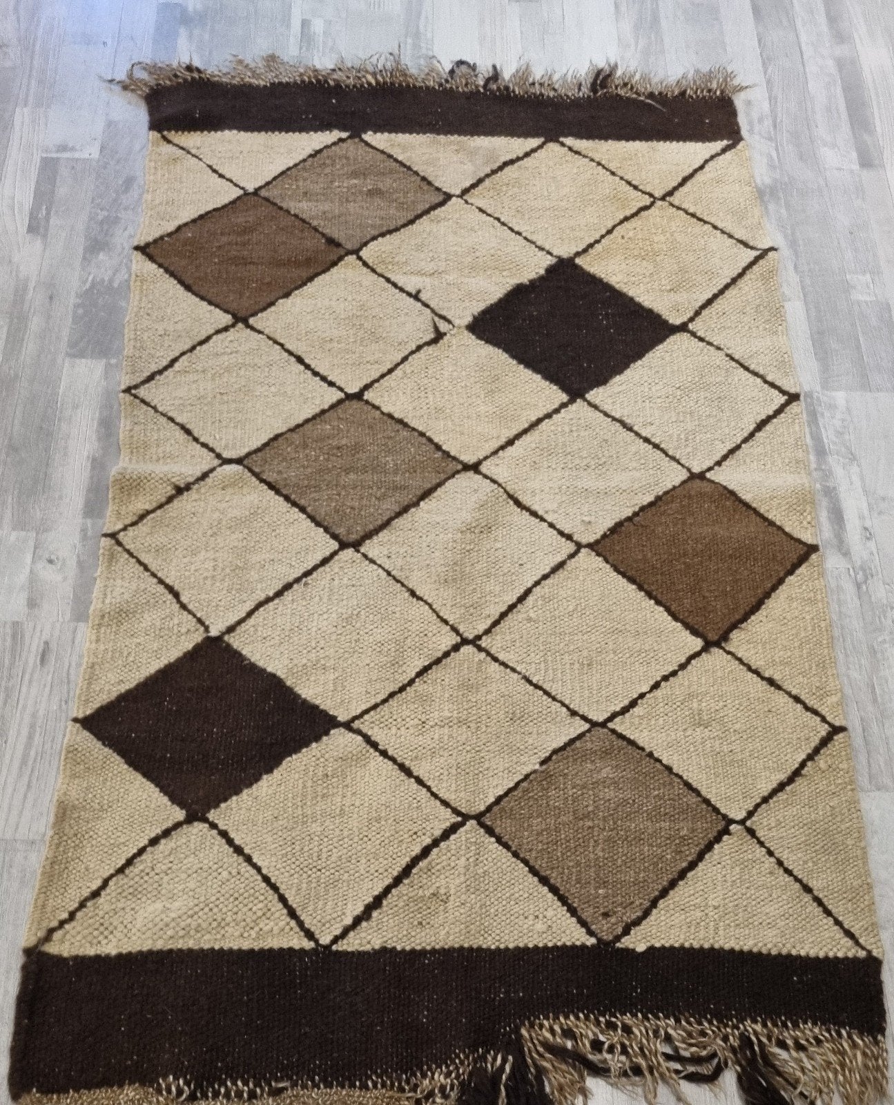 Handgeweven kelim vloerkleed met ruitpatroon - Bruin/Beige, Huis en Inrichting, Stoffering | Tapijten en Kleden, Gebruikt, 100 tot 150 cm
