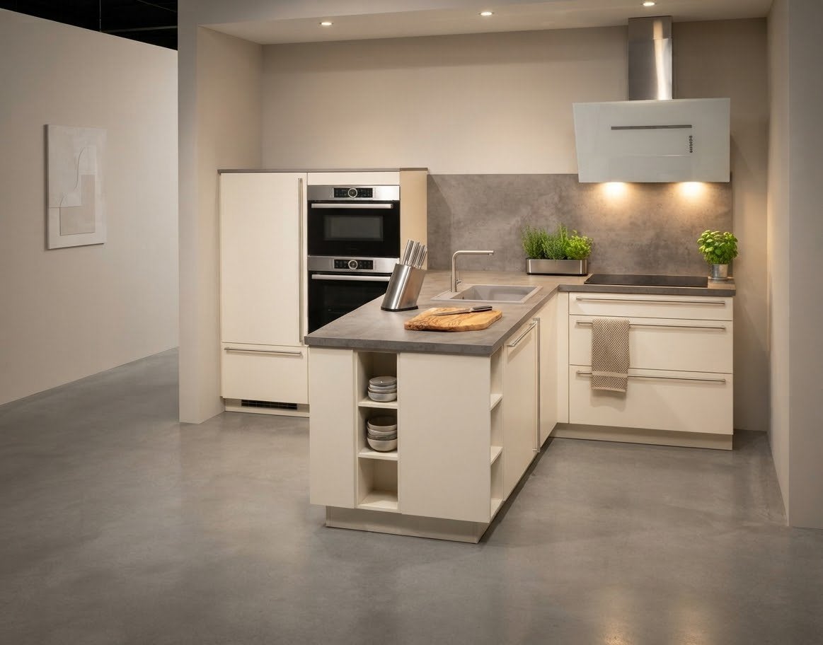 Moderne (hoek)keuken met Bosch inbouwapparatuur, Ophalen, Nieuw, Wit
