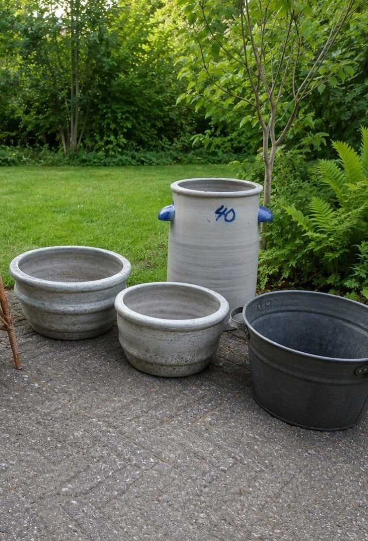 Grote aardewerken keulse pot en2 delen van bierfust, Gebruikt, Rond, Balkon, Aardewerk