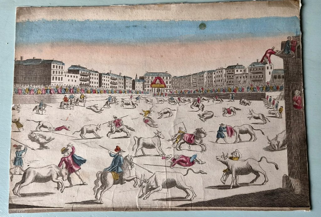 Handgekleurde gravure 'Corrida. Plaza Mayor Madrid' 1760, Antiek en Kunst, Ophalen of Verzenden