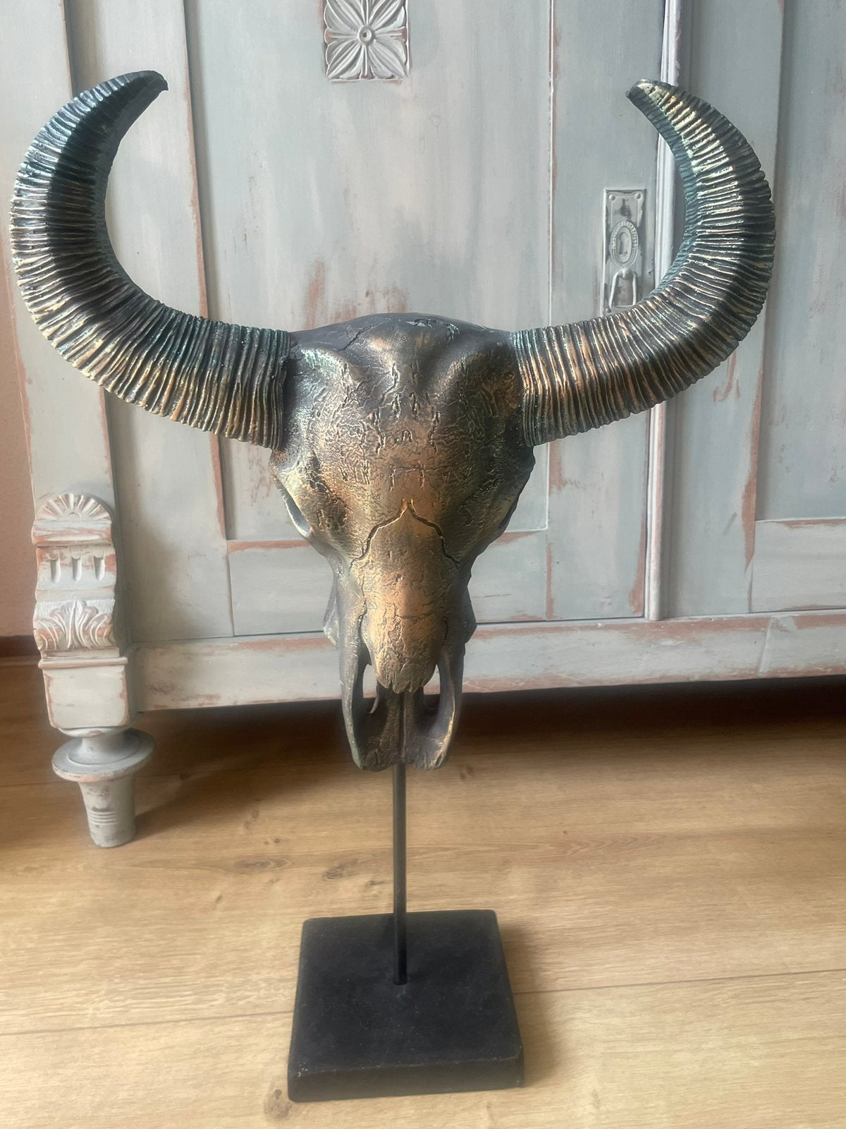 Prachtige buffelschedel op standaard buffalo buffel, Ophalen of Verzenden, Zo goed als nieuw, Beeldje of Figuurtje