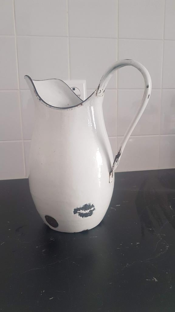 Vintage witte emaille waterkan - Bolle vorm, Ophalen of Verzenden