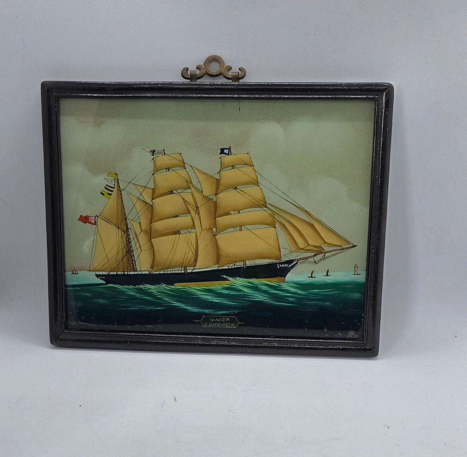 Vintage Maritiem Glasschilderij – Driemaster Bark "Glaslyn", Ophalen of Verzenden