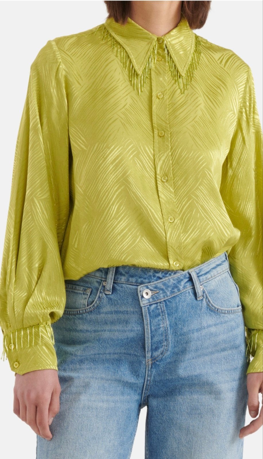 Shoeby Lime Groene Glanzende Blouse XXL met Fringles, Maat 46/48 (XL) of groter, Ophalen of Verzenden, Zo goed als nieuw, Shoeby