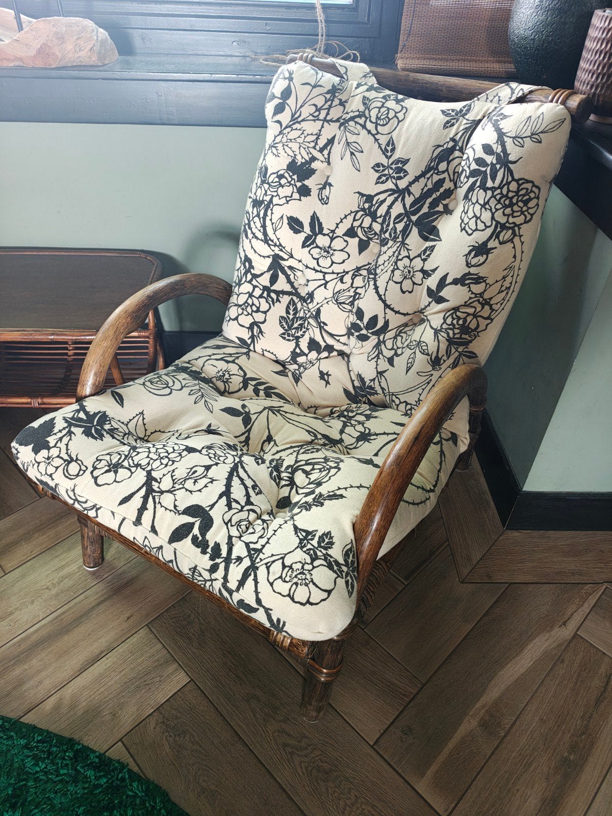 Vintage Manou Bamboe Stoel met Bloemenprint Kussen, Huis en Inrichting, Stoelen, Ophalen