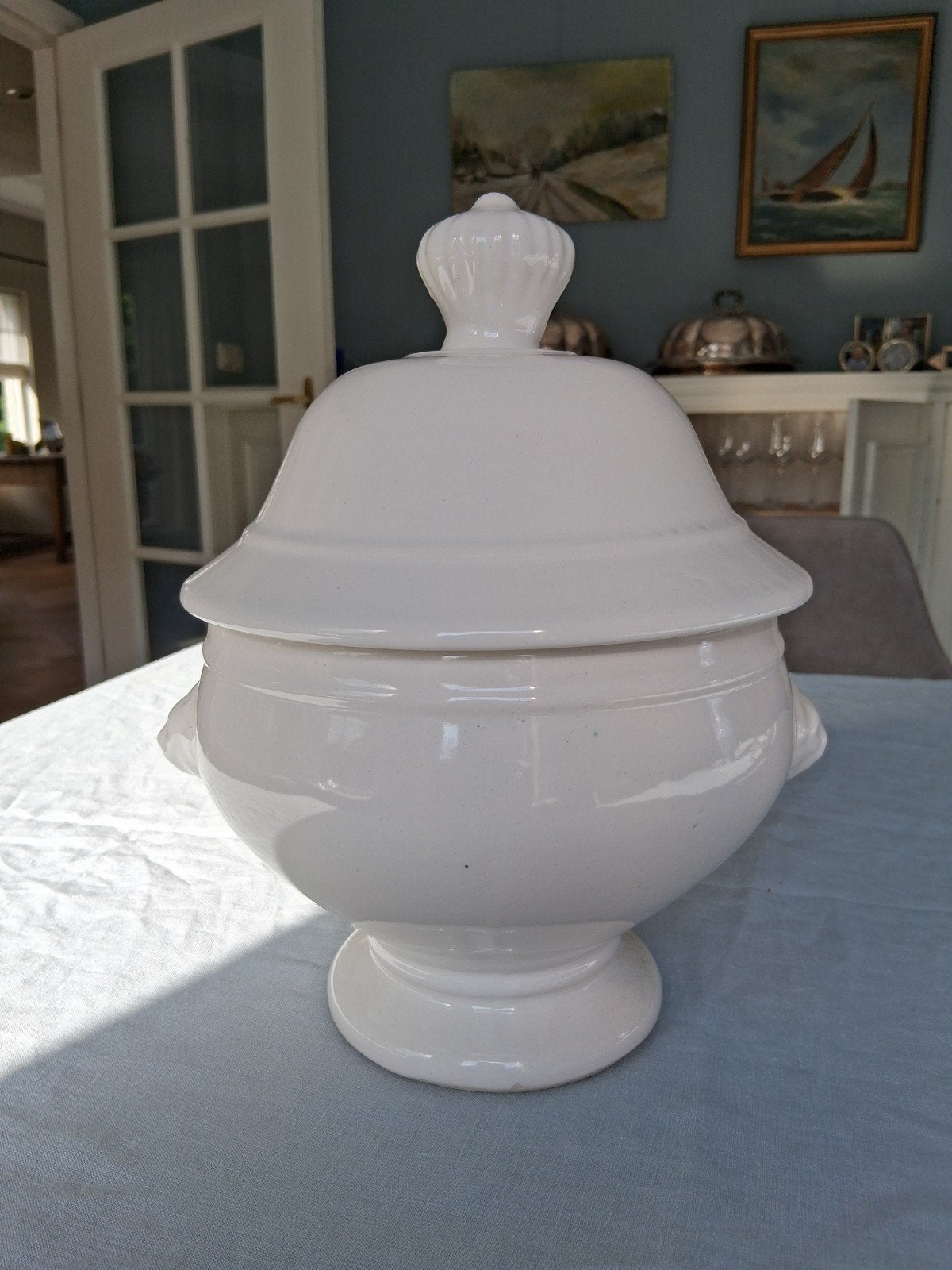 Mooie brocante terrine, bewaarpot van wit aardewerk., Ophalen