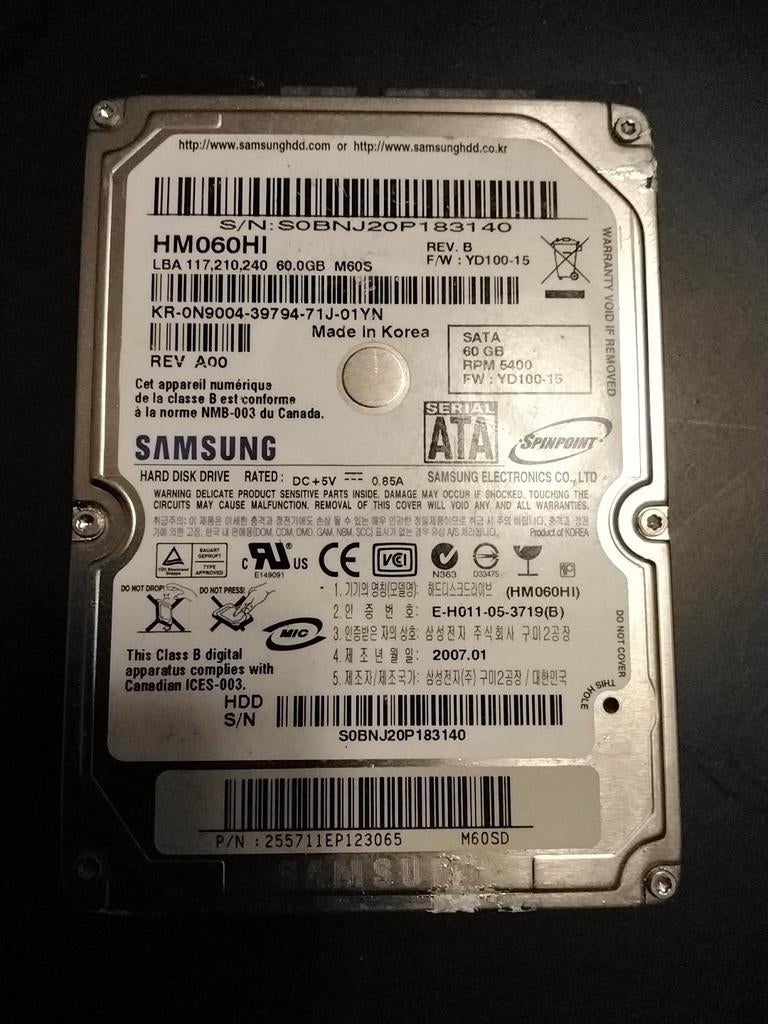 Samsung HM060HI 60GB SATA HDD 2.5 inch, Computers en Software, Harde schijven, Intern, Gebruikt, Ophalen of Verzenden, Samsung