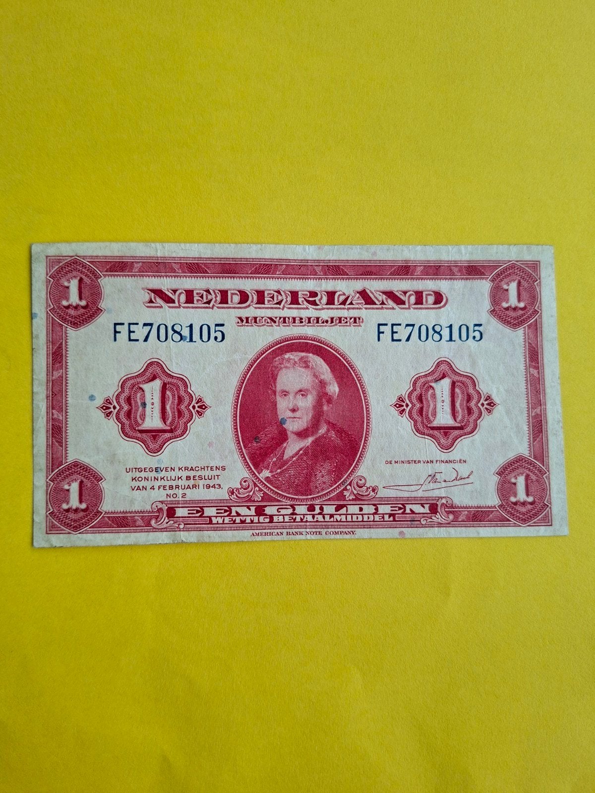 1 gulden Wilhelmina uit 1943
in PR-
Serie nummer FE 708105
N, Ophalen of Verzenden, 1 gulden, Los biljet
