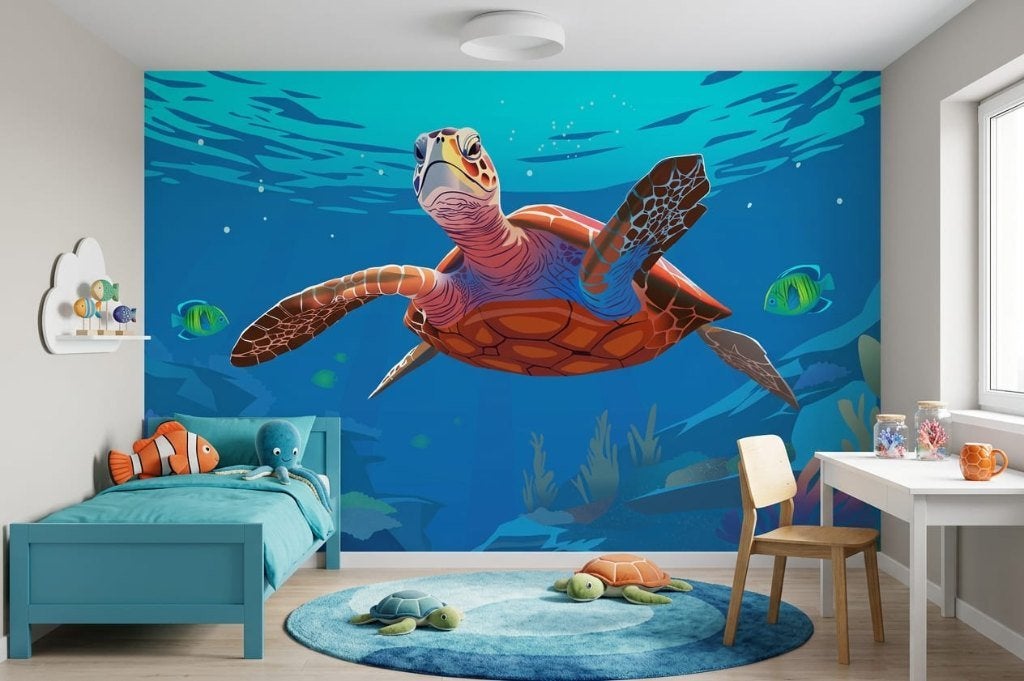 Zee behang kinderkamer – zeeschildpad op maat, Overige merken, 75 m² of meer, Modern, Ophalen of Verzenden