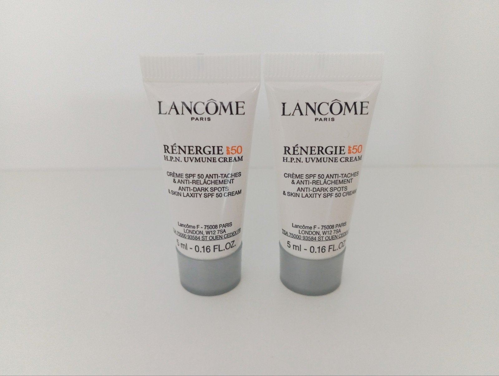 Nieuw 2x Lan-come Renergie SPF50 HPN UV Mune creme 5 ml, Ophalen of Verzenden, Nieuw, Gehele gezicht