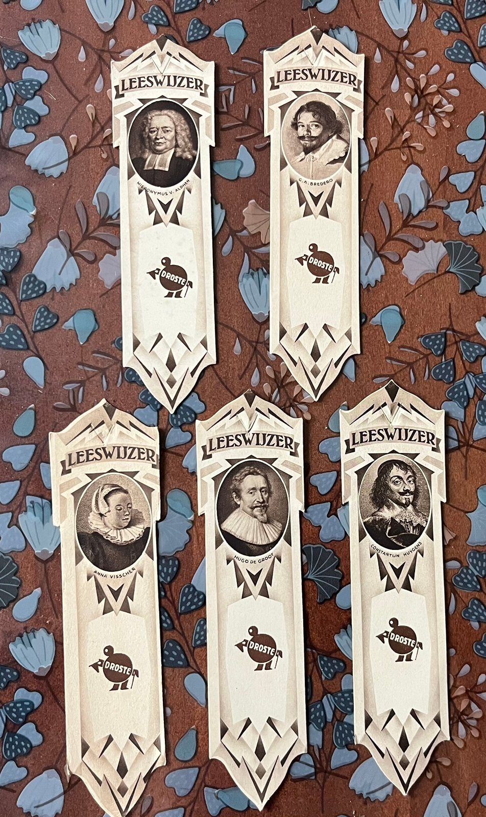 5x Vintage Droste Leeswijzer boekenleggers Art Deco (1920), Verzamelen, Boekenleggers, Verzenden, Gebruikt, Reclame