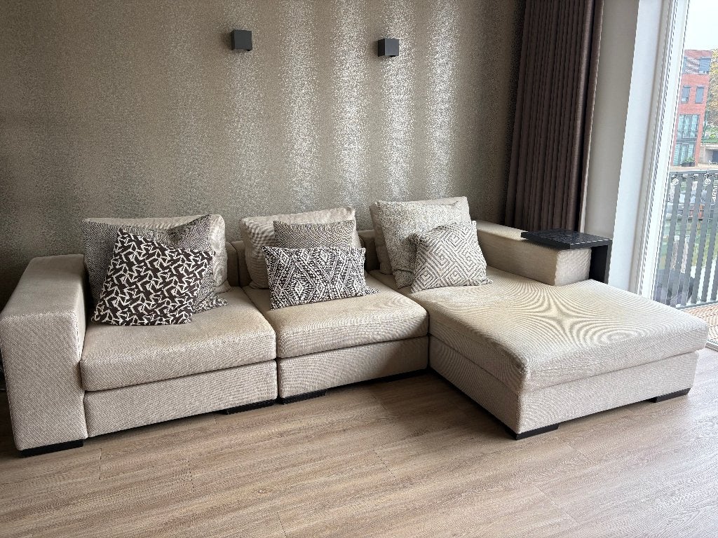 Macazz designbank met chaise longue – beige – 7 jaar oud, Ophalen, Hout, 250 tot 300 cm, Gebruikt