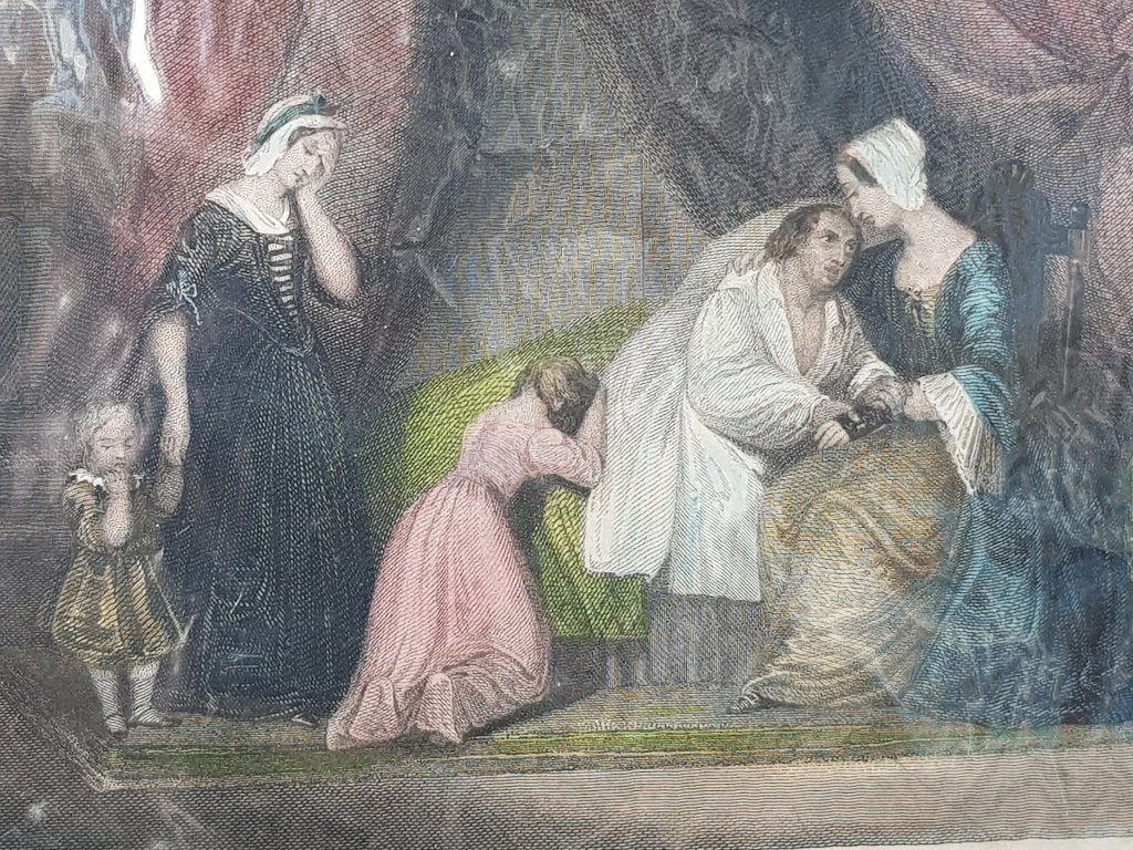 The last request prachtige antieke ets uit Engeland 26,4 cm., Dagelijks leven, 1800 - 1899, Ets, Handgekleurd