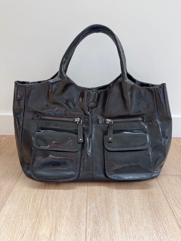 Tod’s dames shopper hoogglans leer donker petroleum, Ophalen of Verzenden, Gebruikt, Overige kleuren, Shopper