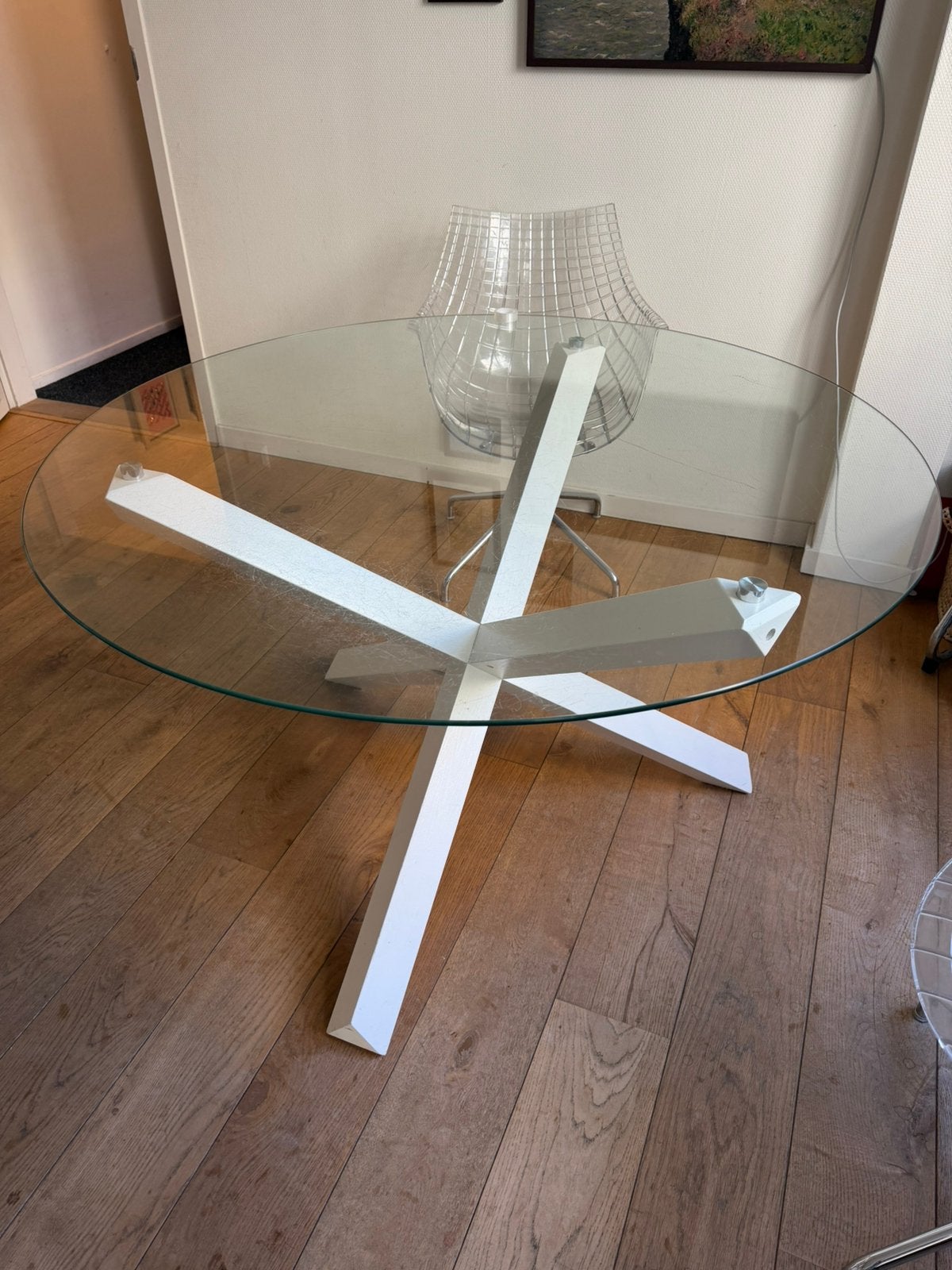 Glazen ronde eettafel met witte poot, Huis en Inrichting, Tafels | Eettafels, Ophalen, Glas, Gebruikt, 100 tot 150 cm