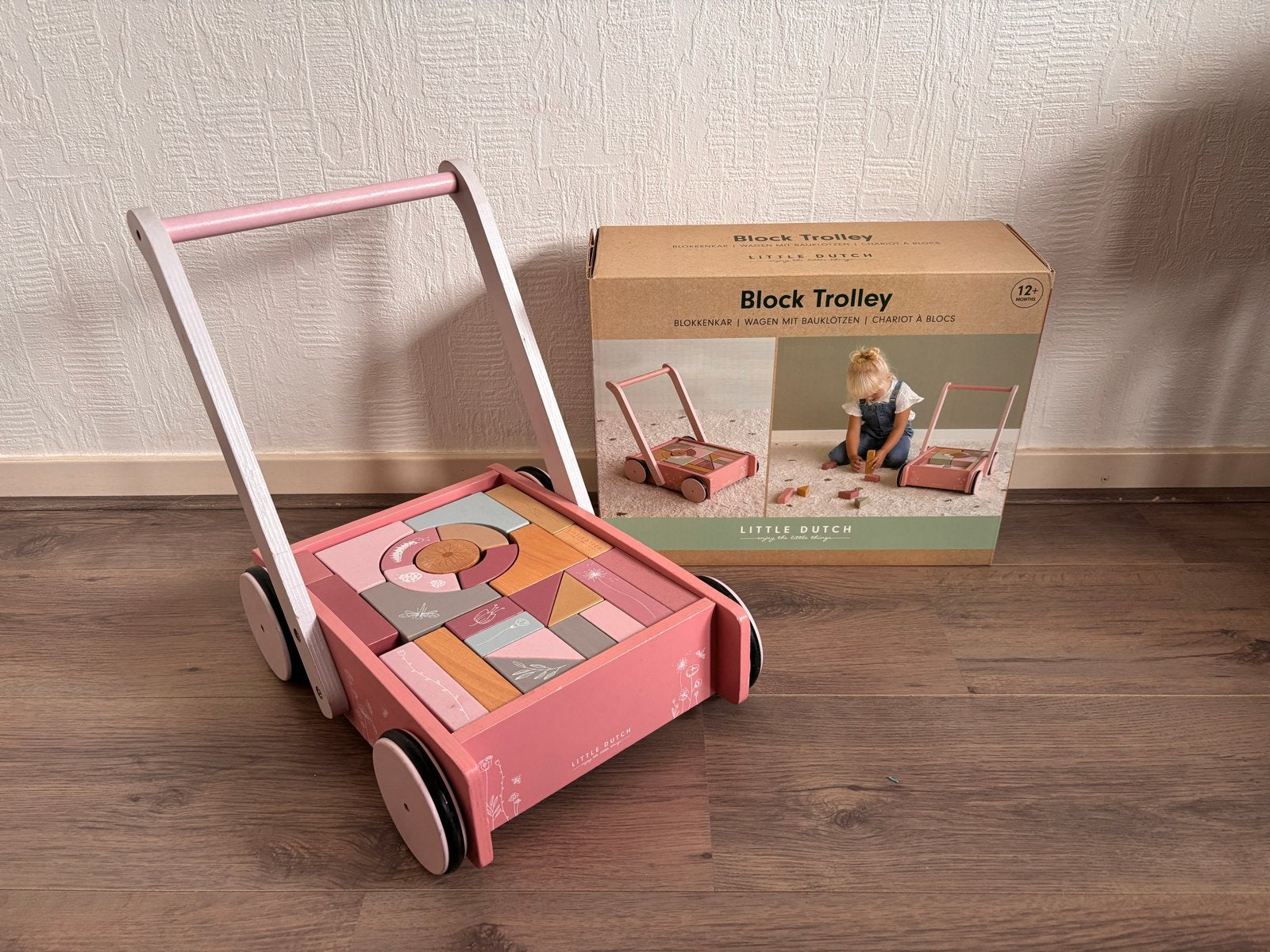 Little Dutch Blokkenkar - Roze Houten Loopwagen, Ophalen, Zo goed als nieuw, Overige typen, Met wieltjes