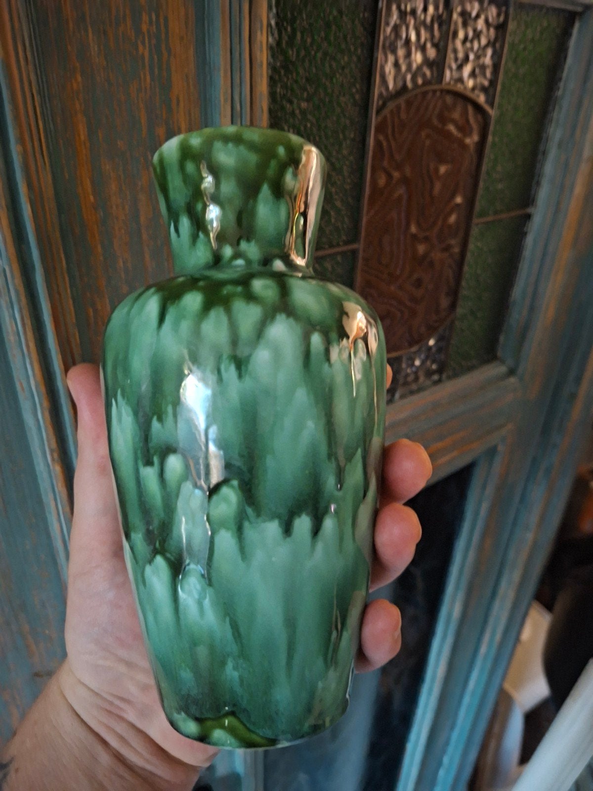 Vintage West Germany Vaas 523-18 Groen Drip Glazuur Keramiek, Ophalen