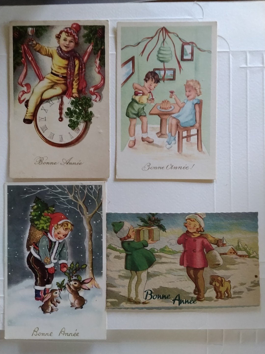 Set van 4 Oude Franse Nieuwjaarskaarten - 'Bonne Année', Ophalen of Verzenden, 1920 tot 1940, Gelopen