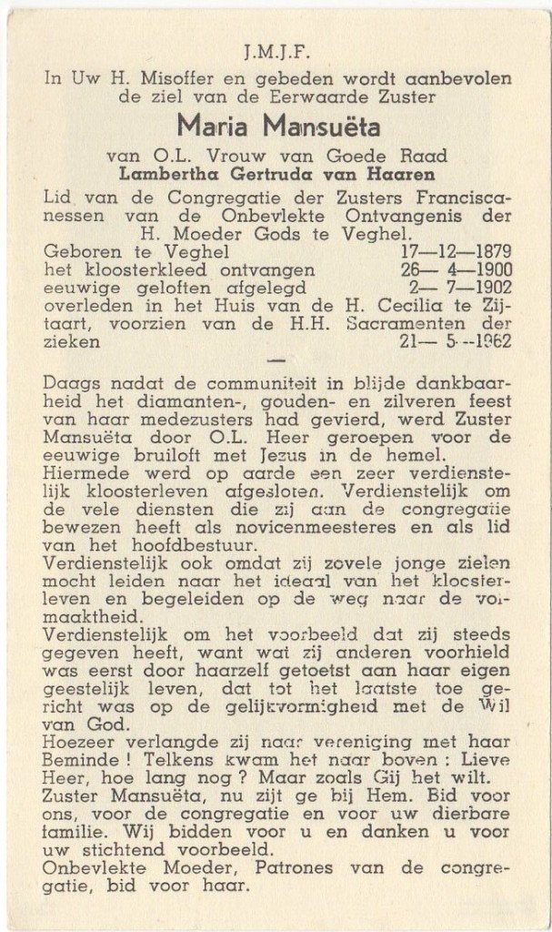 zr. Lambertha van Haaren 1879 Veghel + 1962 Zijtaart, 82 jr, Ophalen of Verzenden