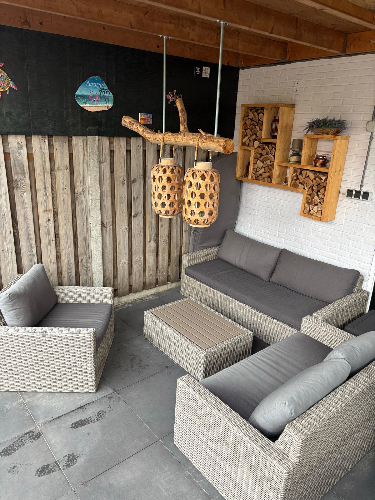 Complete Wicker Loungeset met Kussens en Salontafel, Ophalen, 5 zitplaatsen, Gebruikt, Loungeset