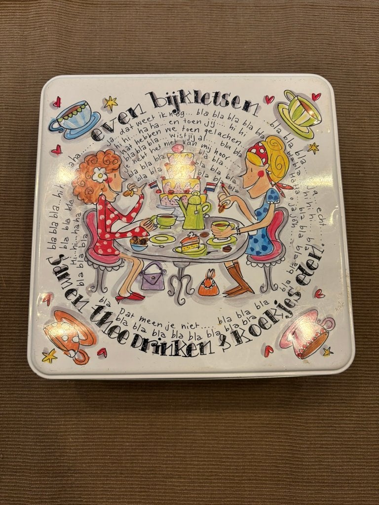 Koekblik van blond amsterdam met de tekst even bijkletsen!, Gebruikt, Overige typen, Ophalen of Verzenden, Overige stijlen