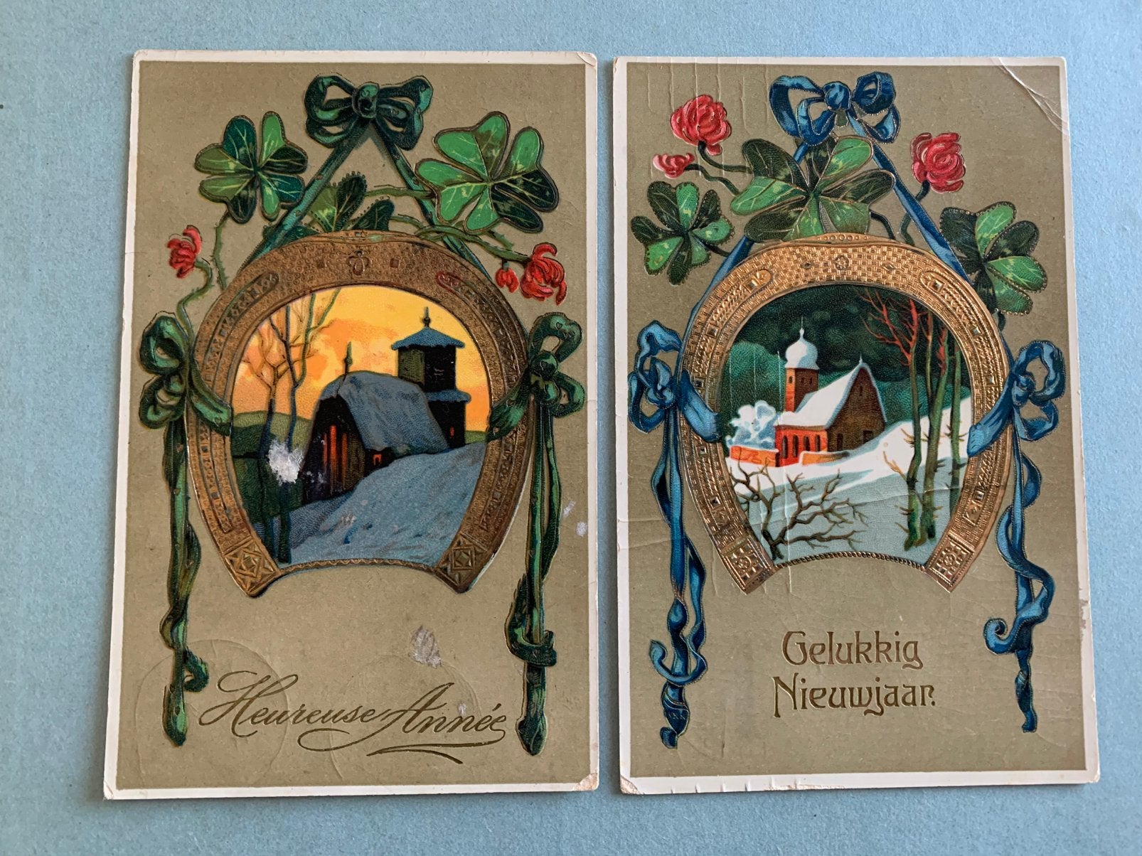 GERESERVEERD Nieuwjaar - reliëf, goudopdruk, klaver 4, Ophalen of Verzenden, Voor 1920, Gelopen, Feest(dag)