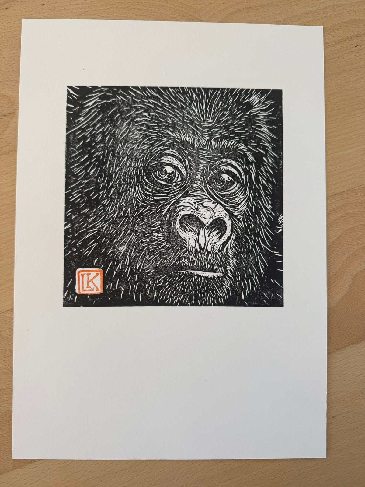 Linosnede gorilla, Antiek en Kunst, Kunst | Litho's en Zeefdrukken, Linosnede, Gesigneerd, Origineel, Dieren en Natuur, Ophalen of Verzenden