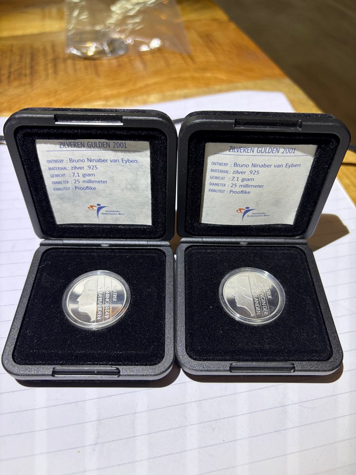 2x Zilveren Gulden 2001 - Prooflike, Ophalen, 1 gulden, Koningin Beatrix, Zilver