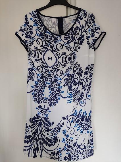 Trend One dames jurk wit / marine blauw met patroon motief, Maat 38/40 (M), Overige kleuren, Ophalen of Verzenden, Boven de knie