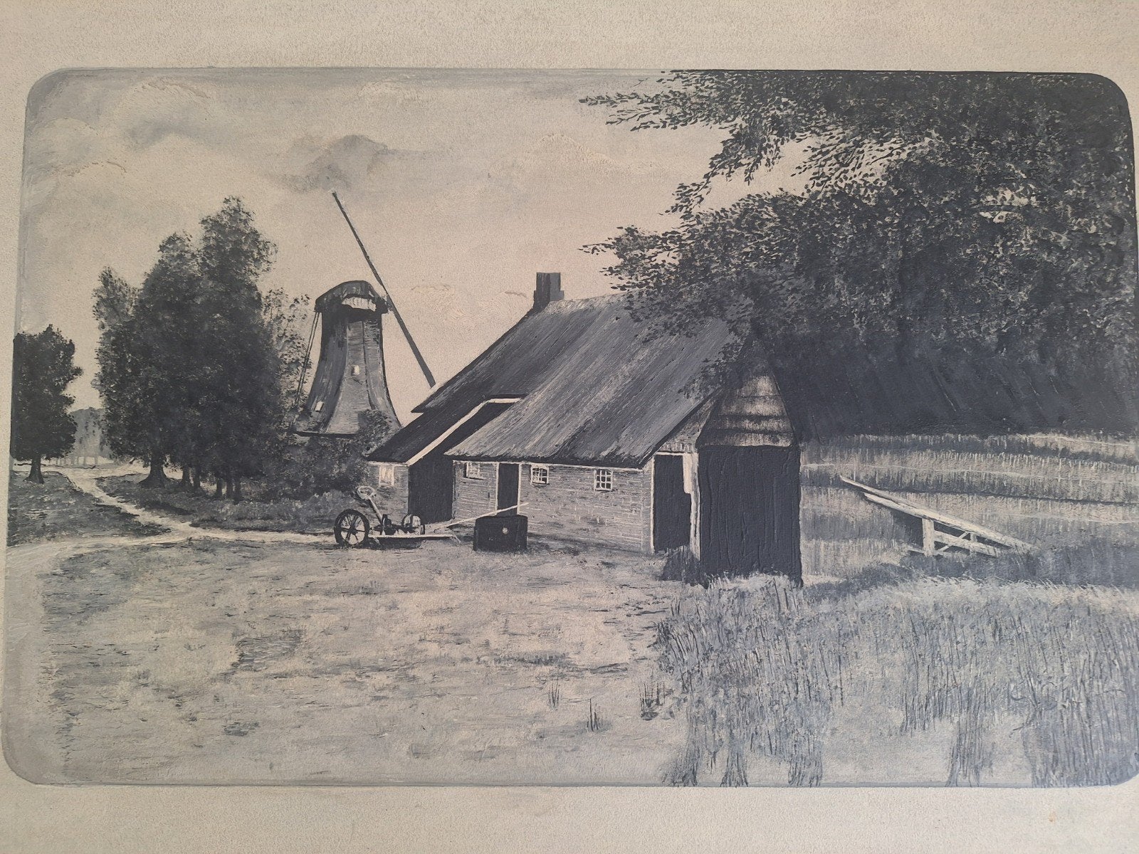 De Brink in Rolde - tekening met molen en boerder, Antiek en Kunst, Ophalen, Tekening, Potloodtekening, Ingelijst