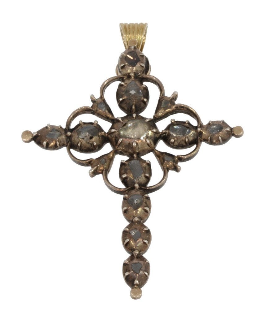 Diamanten kruis grote fraaie 14k ketting hanger goud antiek