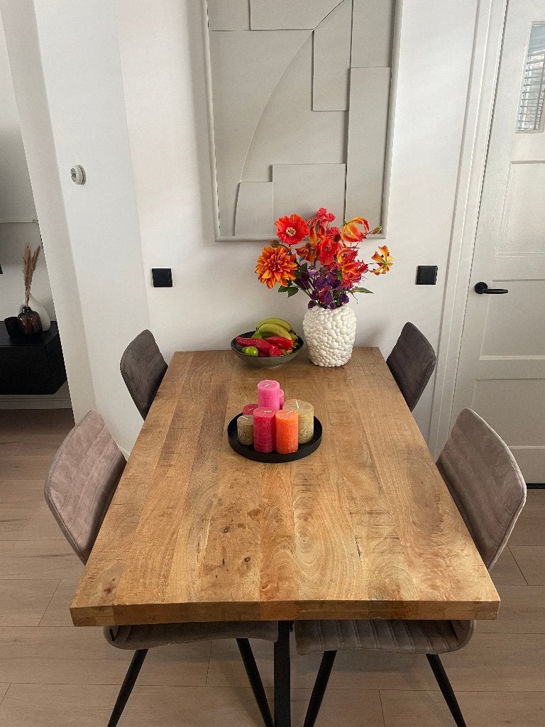 Eettafel Mangohout + 6 stoelen, Huis en Inrichting, Tafels | Eettafels, Ophalen, 100 tot 150 cm, 50 tot 100 cm, Zo goed als nieuw