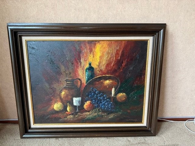 Stilleven met fruit en fles, gesigneerd J. Ermens, Antiek en Kunst, Doek, Stilleven, Ophalen of Verzenden, Gesigneerd