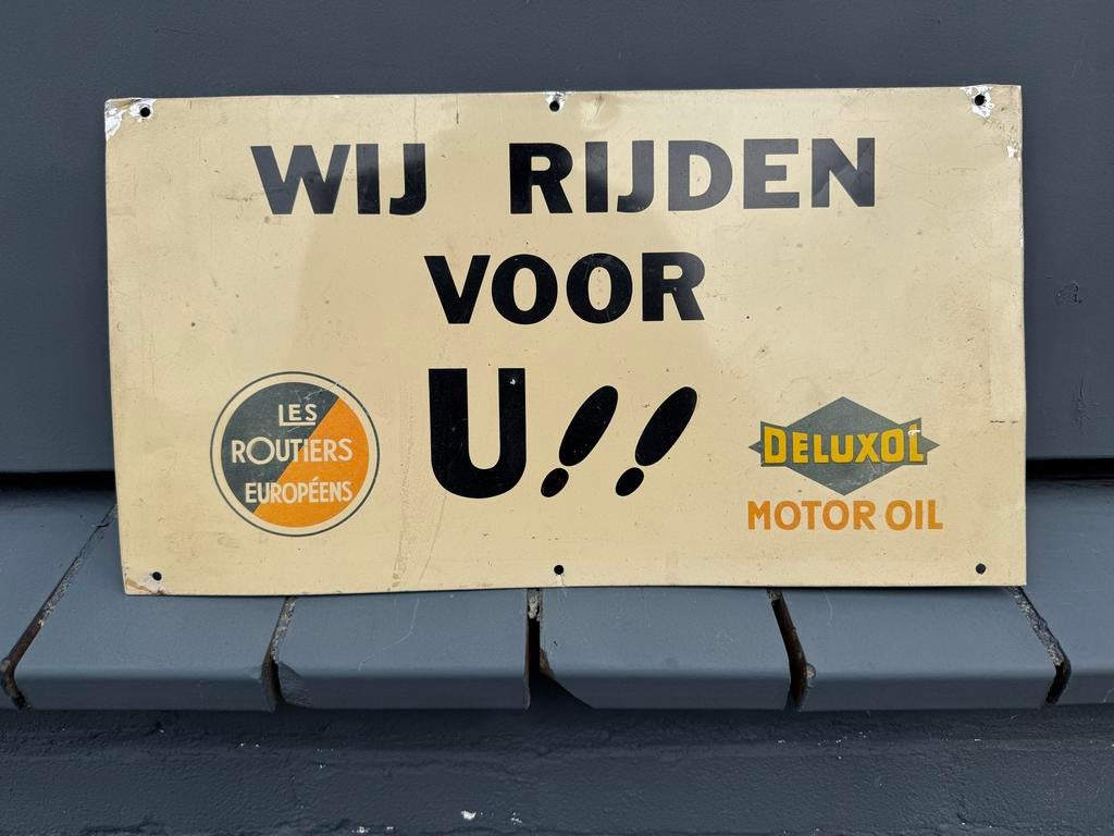 Vintage Reclamebord 'Wij Rijden Voor U!!' Deluxol, Reclamebord, Gebruikt, ., Ophalen of Verzenden