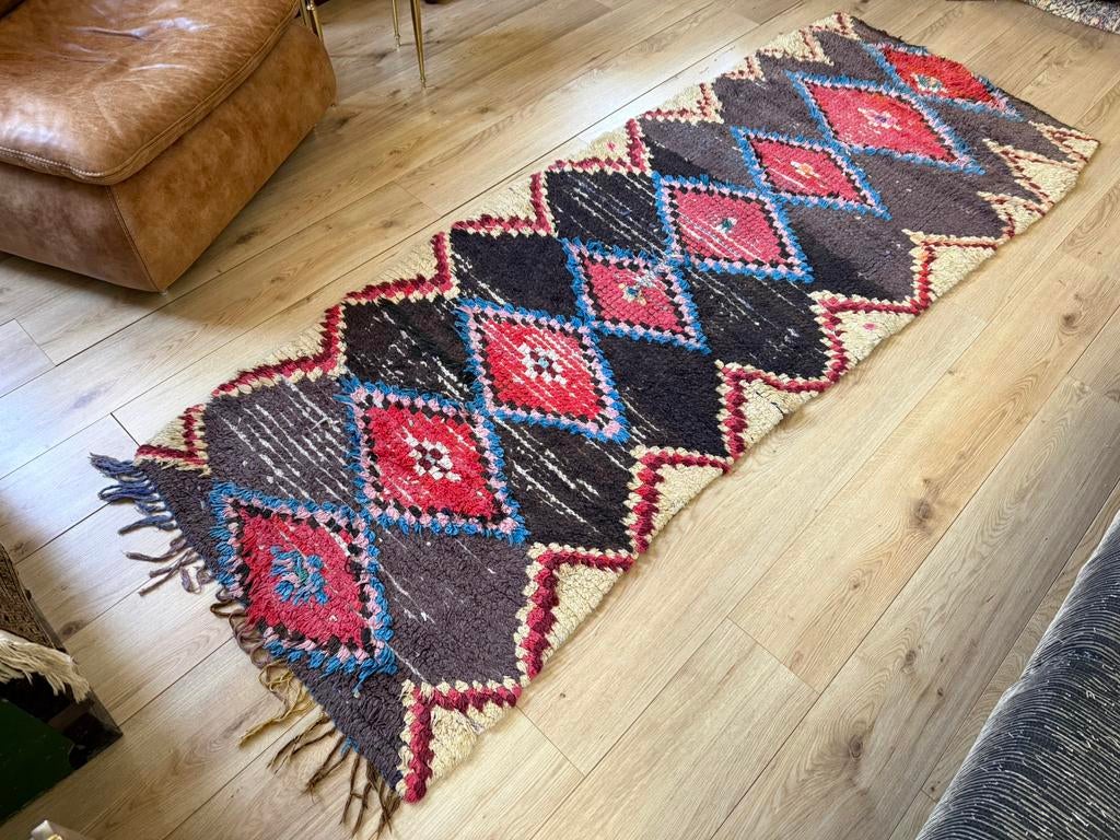 Vintage Marokkaanse Boucherouite loper / tapijt 267x97 cm, Info@bababoho.com, 200 cm of meer, Zo goed als nieuw, Bababoho