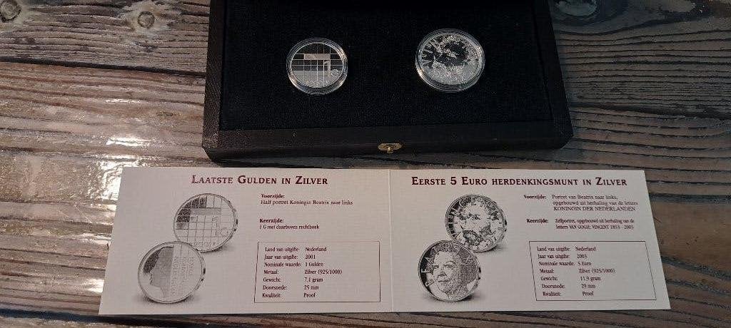 Laatste gulden en eerste 5 euro munten in zilver (925), Postzegels en Munten, Ophalen, Setje, Koningin Beatrix, Zilver