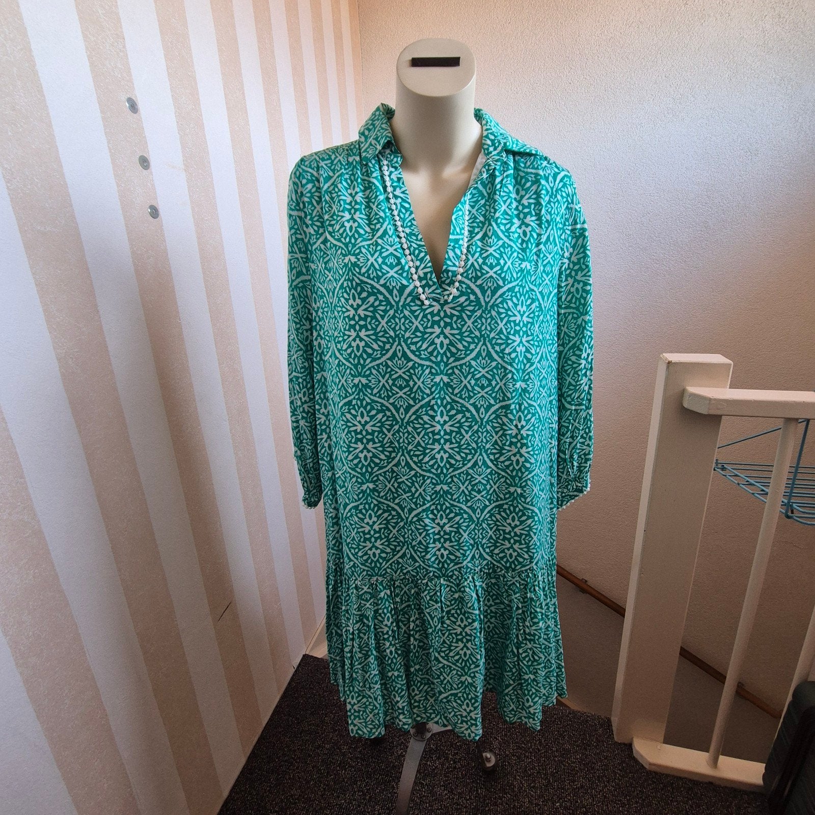 MS zomer Jurk Groen/Wit Print Maat 42 ibiza strand, Maat 42/44 (L), Nieuw, Ophalen of Verzenden, MS Mode