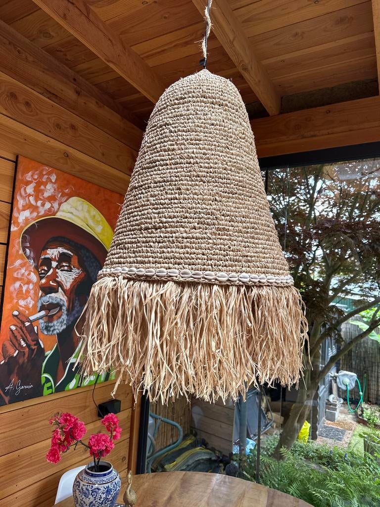 Hanglamp zeegras & raffia met schelpenrand Ibiza Bali Boho, Ophalen, Zo goed als nieuw