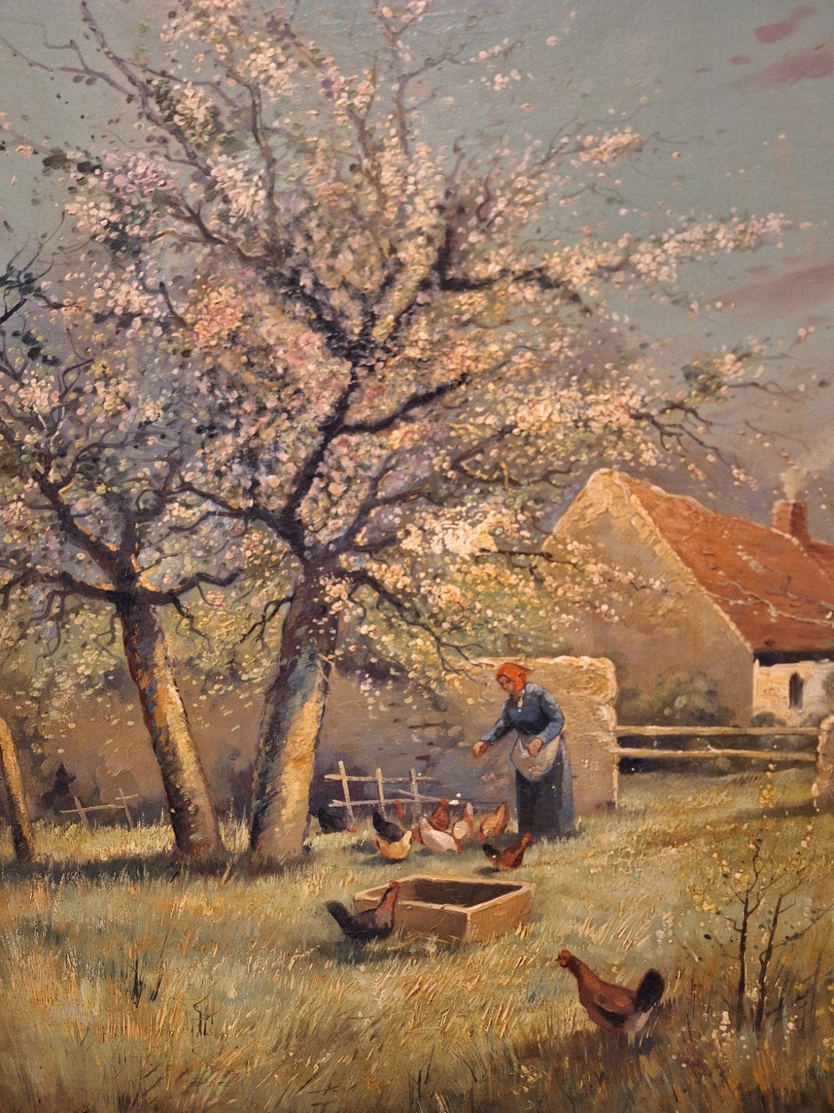 Haagse School: Kippen voeren ges Blommers, Nederlandse school, Doek, Dieren, Ophalen of Verzenden